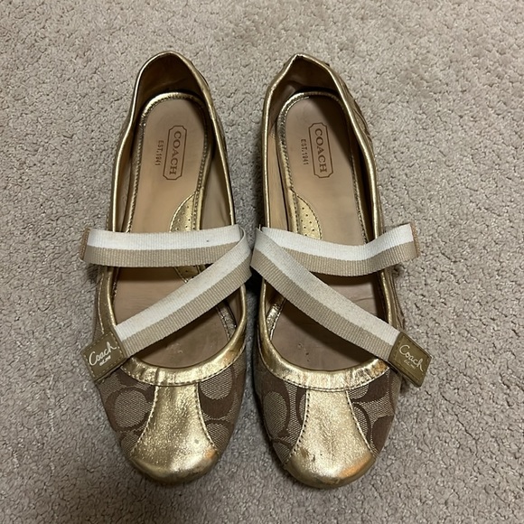 COACH gold ballerina flat ballet shoes with strap - Picture 9 of 14